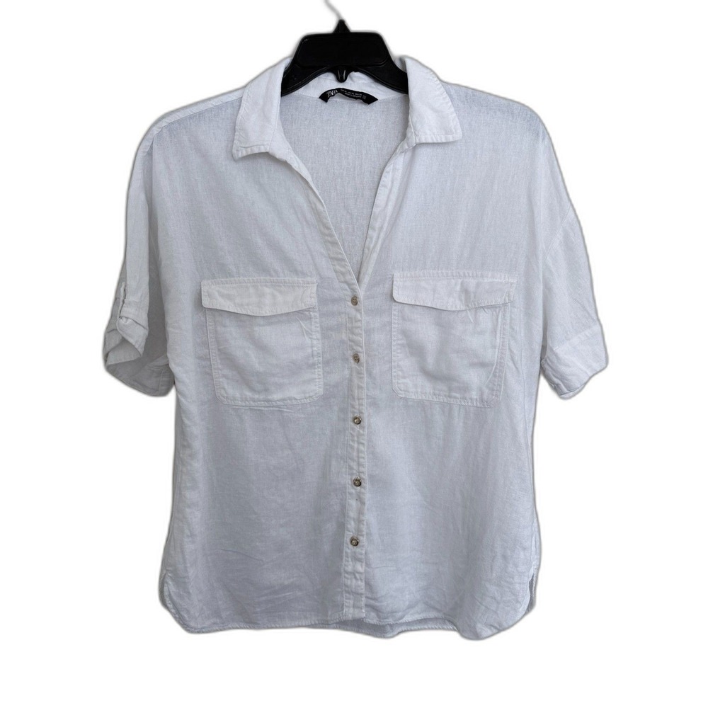 Zara XL White Linen Short Sleeve Button Down Shirt - Relaxed Fit Coastal